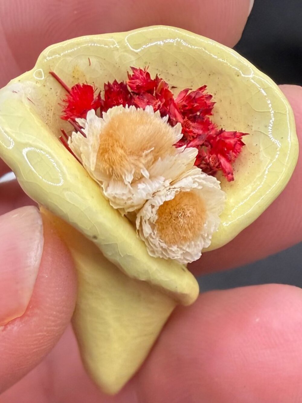 🌿 Artisan Hand Molded Ceramic Cornucopia Brooch Pin: Real Dried Floral Bouquet